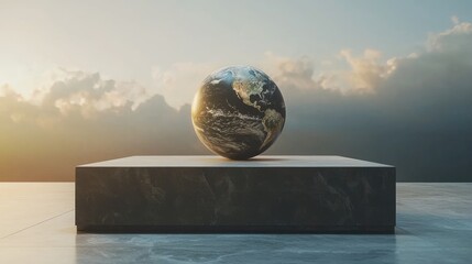 Earth Globe on a Stone Platform Against a Cloudy Sky