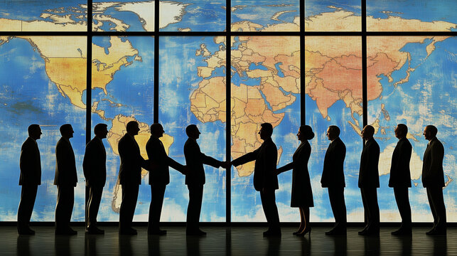 Group of diplomats shaking hands in a peaceful conference room, symbolizing a ceasefire agreement, international diplomacy and global peace efforts.