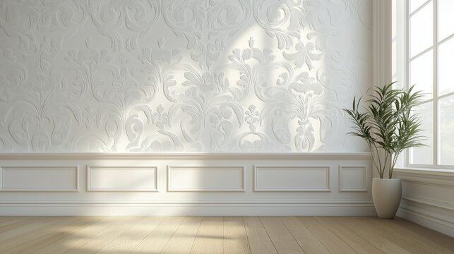 Minimalist white empty room interior blank wall background or backdrop with plants window light shadows for online presentations webinars and virtual meetings teams video call desktop wallpaper