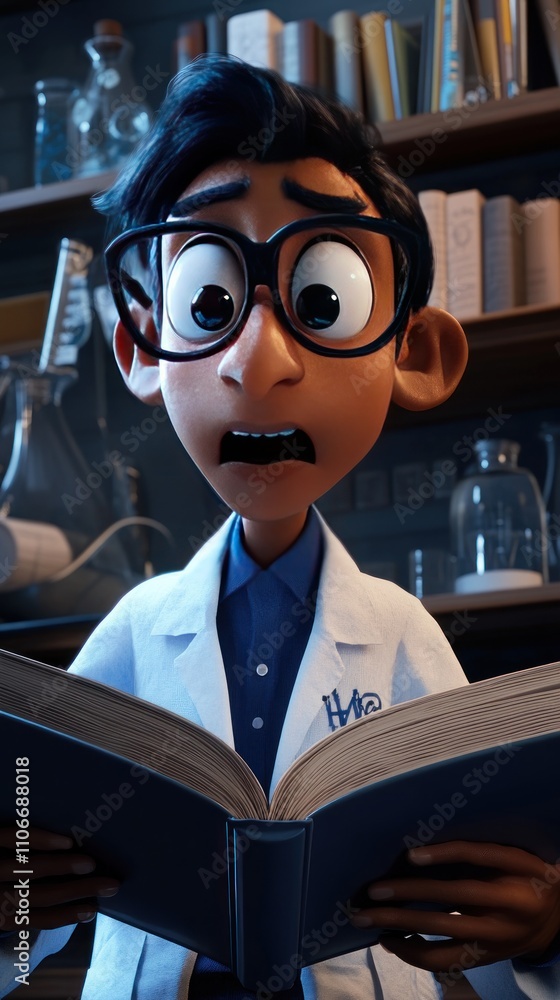 Poster a young scientist looks surprised while reading a book in a laboratory setting.