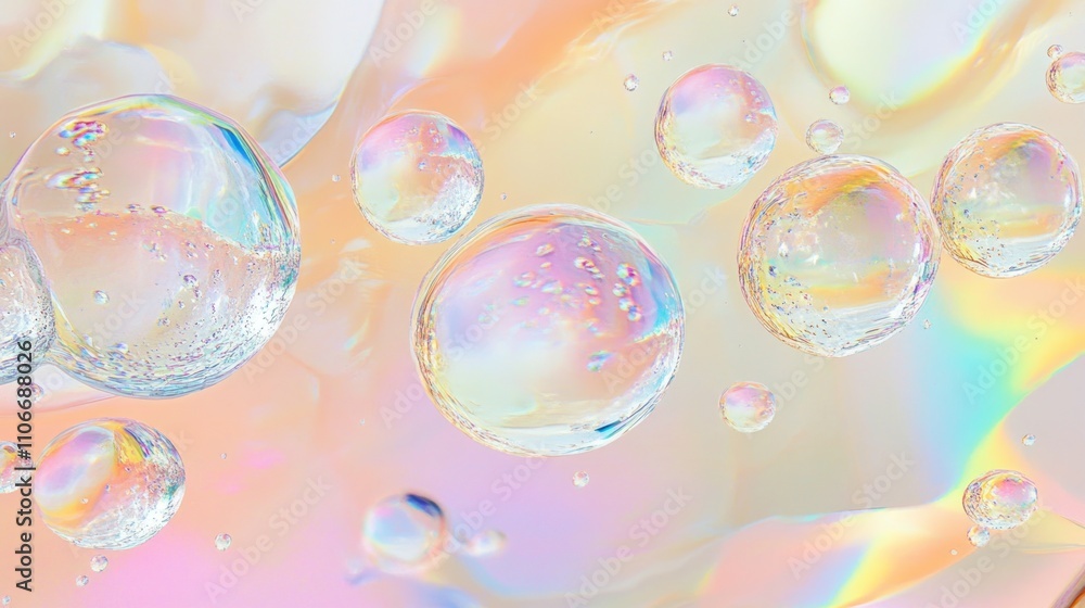 Poster a colorful background featuring transparent bubbles on a soft, iridescent surface.