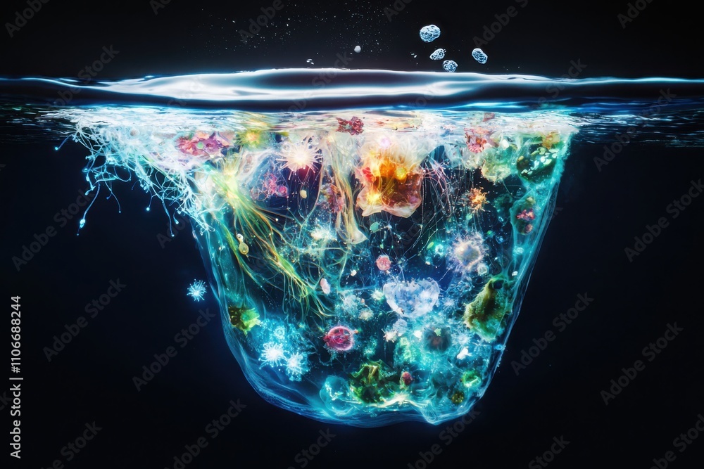 Poster exploring the bioluminescent microorganisms of plankton ecosystems in ocean waters a deep dive into 
