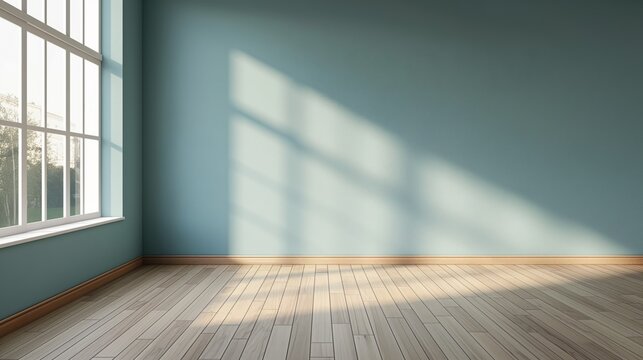 Minimalist Pastel pale light blue empty room interior blank wall background or backdrop with window light shadow for online presentations webinars virtual meetings teams video call desktop wallpaper