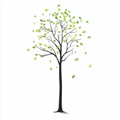 A flat design of a tall tree with a few floating leaves - tree, leaves, nature, plant, botany, branch, seasonal, growth, outdoor, environment