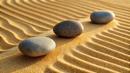 Serene stones arranged on a gently undulating sandy surface, creating a calming visual representation of balance and tranquility