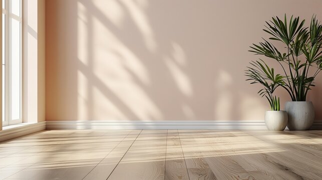 Minimalist Pastel pale pink empty room interior blank wall background or backdrop with plants window light shadow for online presentations webinars virtual meetings teams video call desktop wallpaper