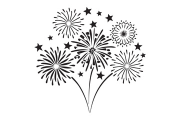 Festive Fireworks Silhouettes Isolated on White Background.