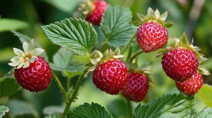 Close-up of ripe wild strawberries on plant.