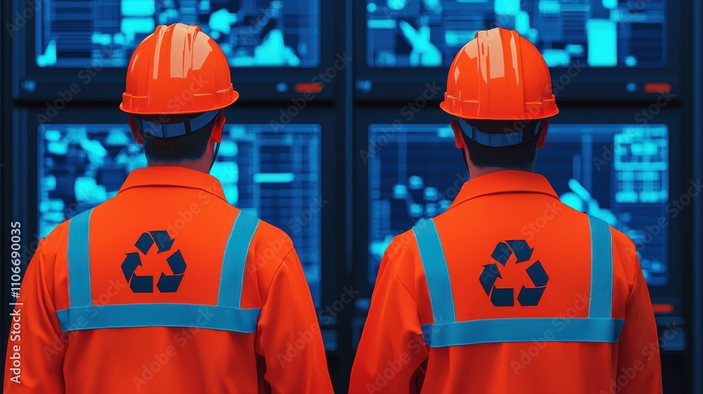 Poster two workers in orange uniforms and helmets monitor data on screens, focusing on recycling and enviro