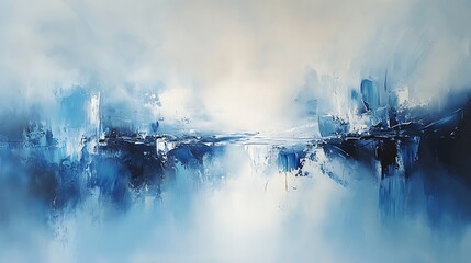 Abstract blue landscape painting with textured brushstrokes and soft light.