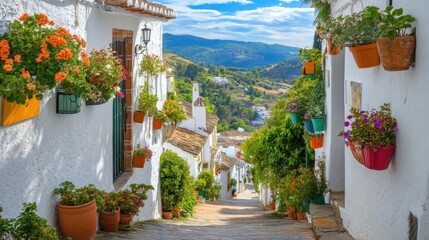 Charming Hilltop Village: Exploring Colorful Streets, Vibrant Flowers, Sunny Landscapes