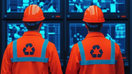 Two workers in orange uniforms and helmets monitor data on screens, focusing on recycling and environmental management.