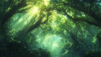 Obraz premium Sunlight filtering through lush green trees enchanted forest nature photography serene environment landscape viewpoint tranquility concept