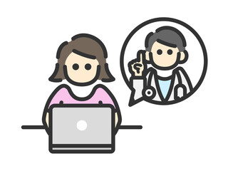 ノートパソコンで、オンライン診療を受ける、正面から見た女性のアイコン（線画カラー）のイラスト