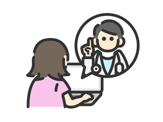 ノートパソコンで、オンライン診療を受ける、後ろ姿の女性のアイコン（線画カラー）のイラスト