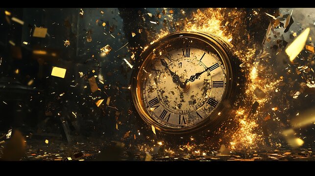 Exploding antique clock with golden particles.
