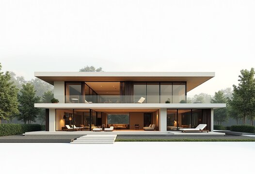 Contemporary Villa Architecture: Emphasizing Clean Lines and Earthy Tones in a 3+1 Floor Plan Surrounded by Lush Greenery
