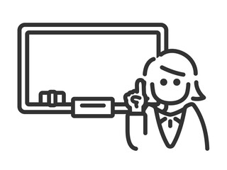 黒板を使って解説する、女性教師のアイコン（線画）のイラスト