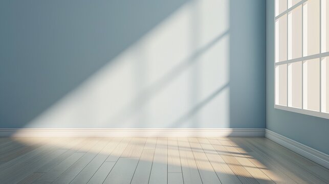 Minimalist Pastel pale light blue empty room interior blank wall background or backdrop with window light shadow for online presentations webinars virtual meetings teams video call desktop wallpaper