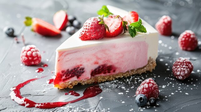 Handmade frozen strawberry cheesecake slice with raw fruit on gray background