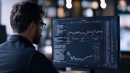 Data analysis session office environment digital interface business context professional viewpoint financial insights