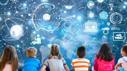 Children by a digital world map, symbolizing global interconnectedness and technological advancements in education.