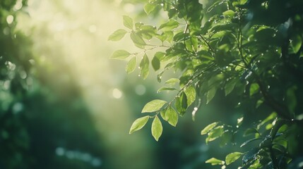 Sunlight filtering through green leaves in a forest nature scene lush environment serene viewpoint for relaxation and wellness
