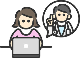 ノートパソコンで、オンライン診療を受ける、正面から見た女性のアイコン（線画カラー）のイラスト