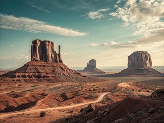 Vintage Landscape of Monument Valley with Towering Red Sandstone Buttes Under Vast Open Sky