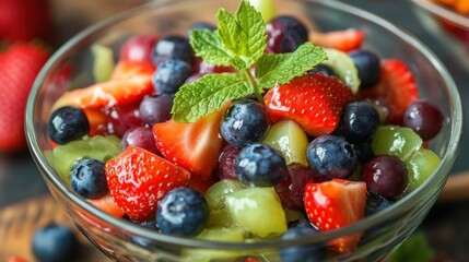 A refreshing fruit salad featuring a medley of strawberries, blueberries, and grapes