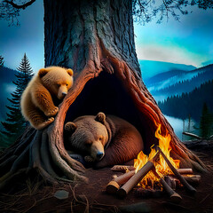 Cozy Bears by the fire on the lake