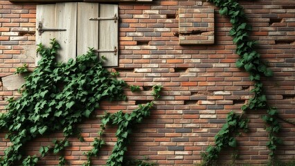A rustic old brick wall with vines growing through the gaps , old, brick