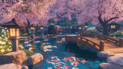 Serene Koi Pond: Tranquil Japanese Garden with Cherry Blossoms at Dawn