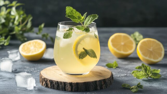 A refreshing glass of homemade lemonade garnished with sprigs of fresh mint, Lemonade glass placed on a rustic wooden coaster, Ice cubes clinking softly
