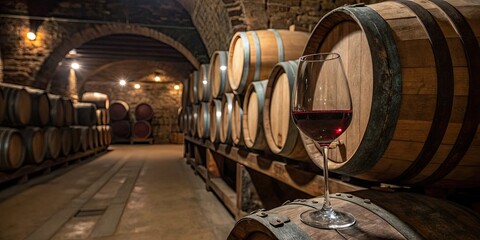 Wine Barrels in Urban Cellar with Glass of Red Wine - Rustic Product Photography for Wine Lovers and Enthusiasts