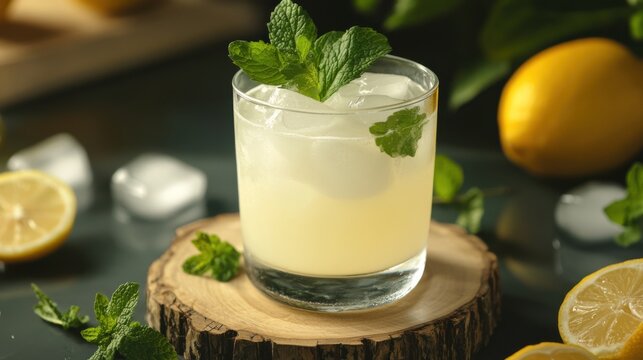 A refreshing glass of homemade lemonade garnished with sprigs of fresh mint, Lemonade glass placed on a rustic wooden coaster, Ice cubes clinking softly