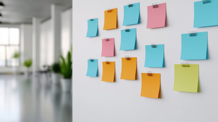 Bright sticky notes on wall in modern office space create vibrant atmosphere