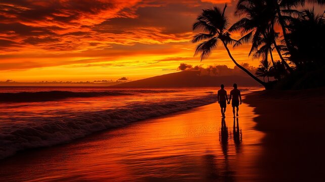 A vibrant orange sunset blankets the beach as a couple strolls, leaving footprints in the sand.