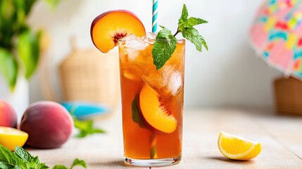 Fototapeta premium A refreshing glass of peach iced tea garnished with peach slices and fresh mint leaves, Peach iced tea served in a tall glass with ice cubes, Lemon wedge for an added tangy twist