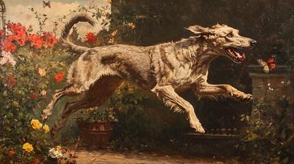 Leaping Dog in a Garden Pursuing a Butterfly - Vintage Oil Painting