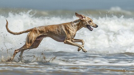 Energetic Sloughi Dog Running on the Beach, Splashing through Waves