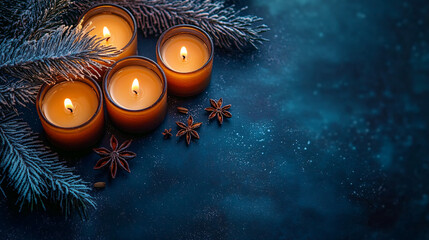 A tranquil winter candle arrangement ideal for Hanukkah celebrations, featuring frosted pine branches and star anise for a cozy ambiance.