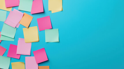 Colorful sticky notes scattered on bright blue background, ideal for brainstorming