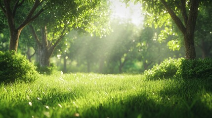 Fototapeta premium Sunlit greenery and vibrant grass in enchanted forest nature photography serene environment calm viewpoint for relaxation