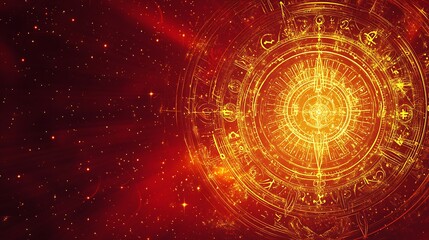 Glowing golden zodiac wheel on red cosmic background.