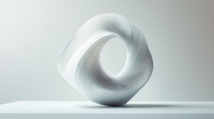 59.Front view of a 3D MÃ¶bius strip, its seamless curvature and reversed surfaces creating an illusion of infinite motion. The white background enhances the minimalistic and geometric nature of the