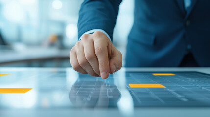 business expert analyzing data on digital touchscreen interface