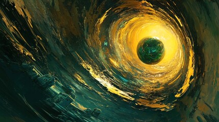 A swirling vortex of gold and green surrounds a planet in a futuristic, abstract art style.