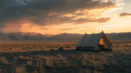 Sunset over a camping tent in a vast wilderness landscape