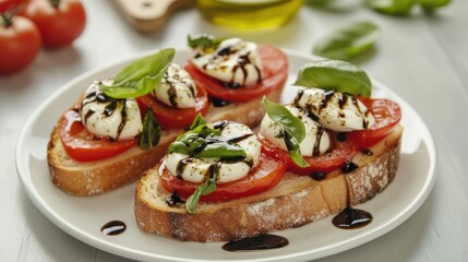 A refreshing plate of caprese bruschetta featuring ripe tomatoes, fresh mozzarella, basil leaves